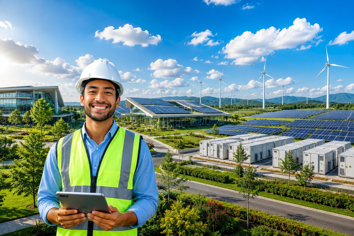 Smiling Aniba engineer with a tablet at a modern solar and wind renewable energy campus