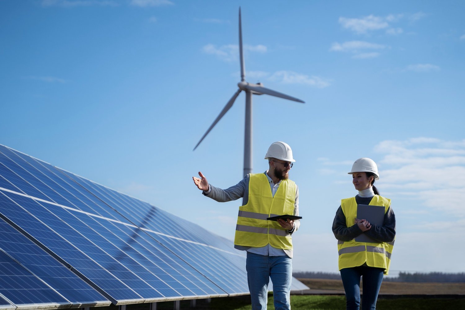 Aniba engineers discussing a solar and wind renewable energy project on site